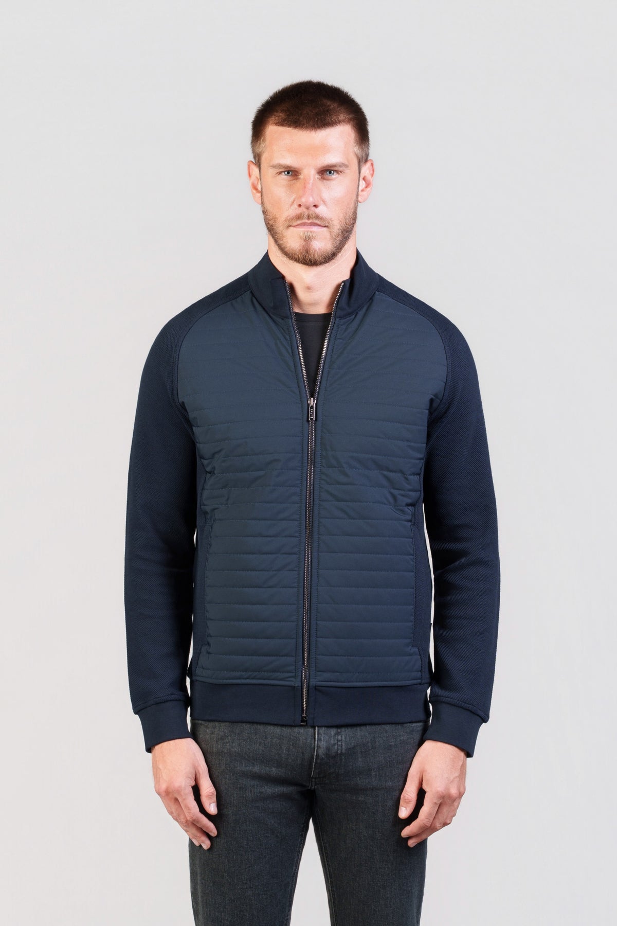 Navy Quilted-Front Zip Jacket