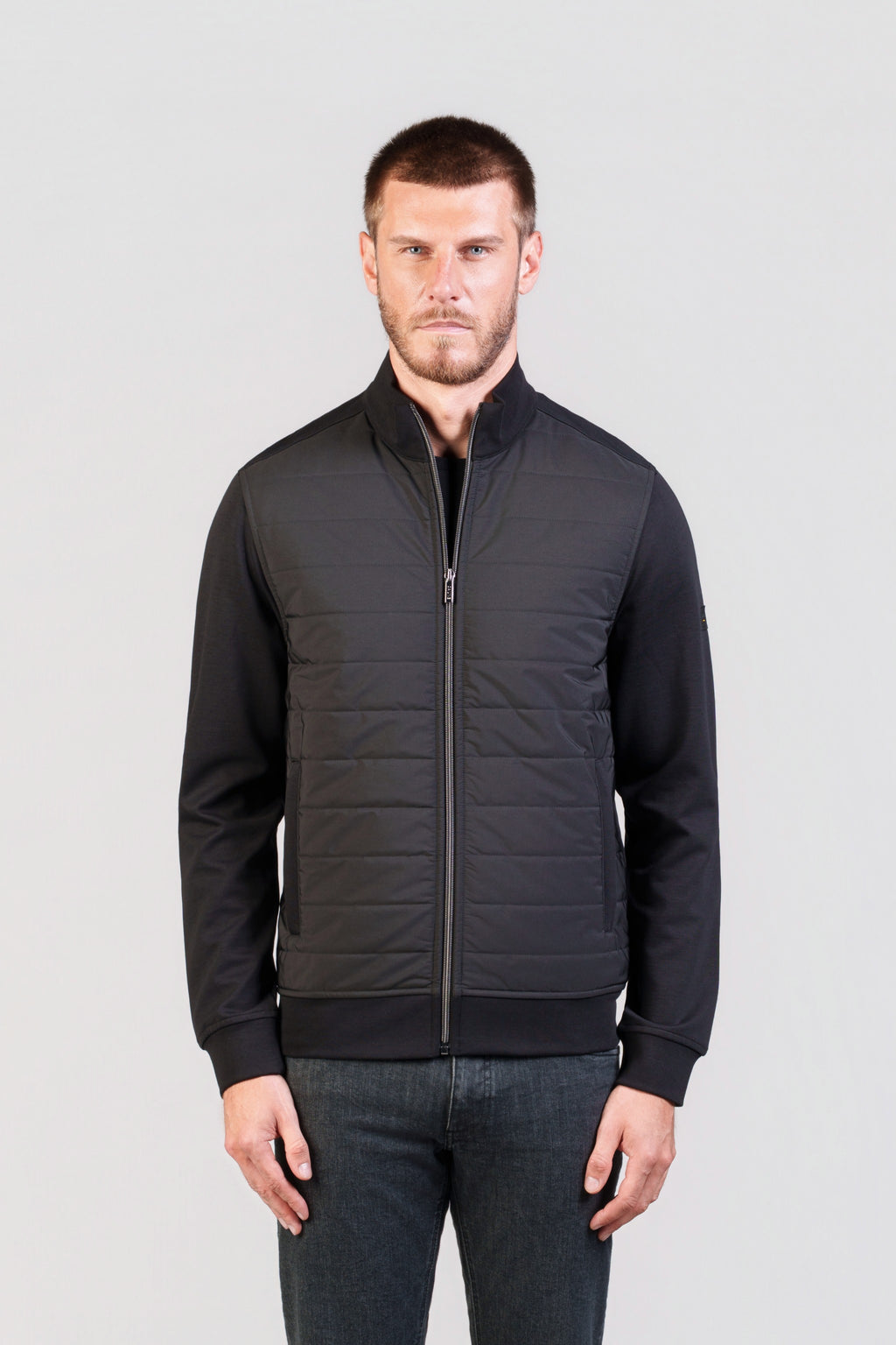 Black Quilted-Front Zip Jacket