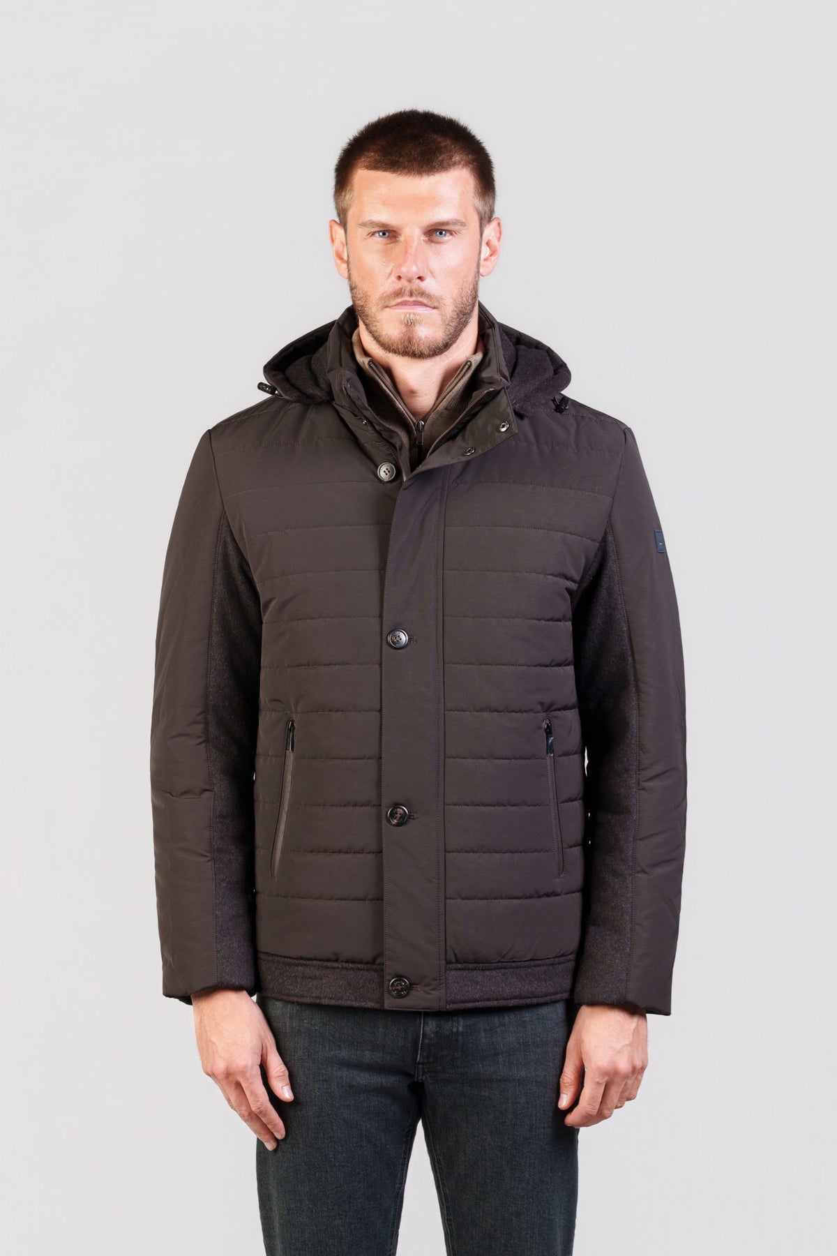 Brown Button-Front Hooded Parka