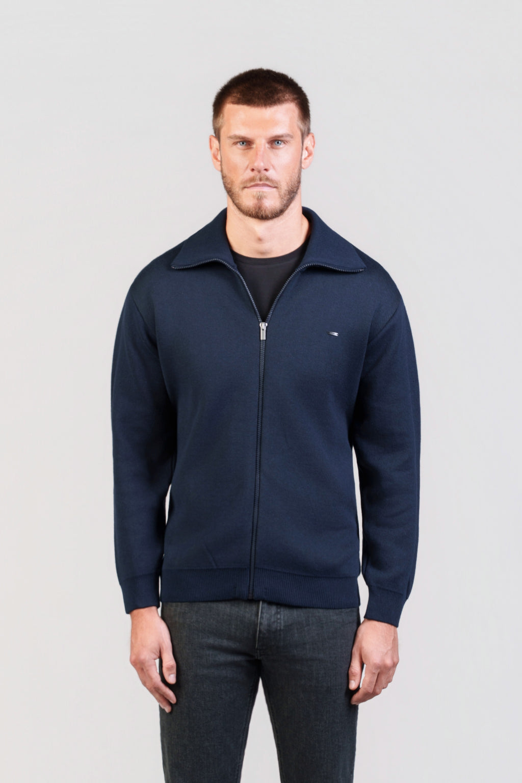 Navy Cotton-Blend Zip Jacket