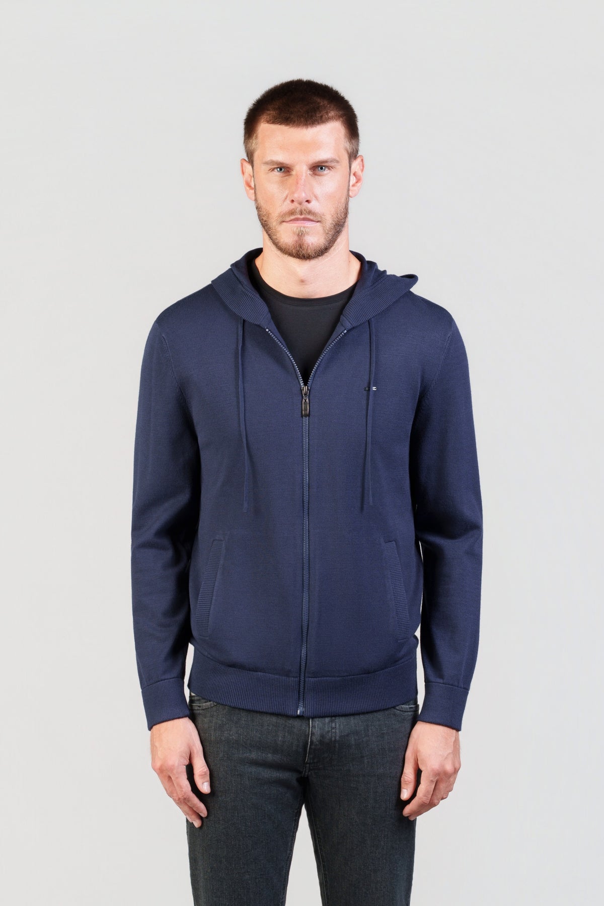 Navy Zip Knit Hoodie