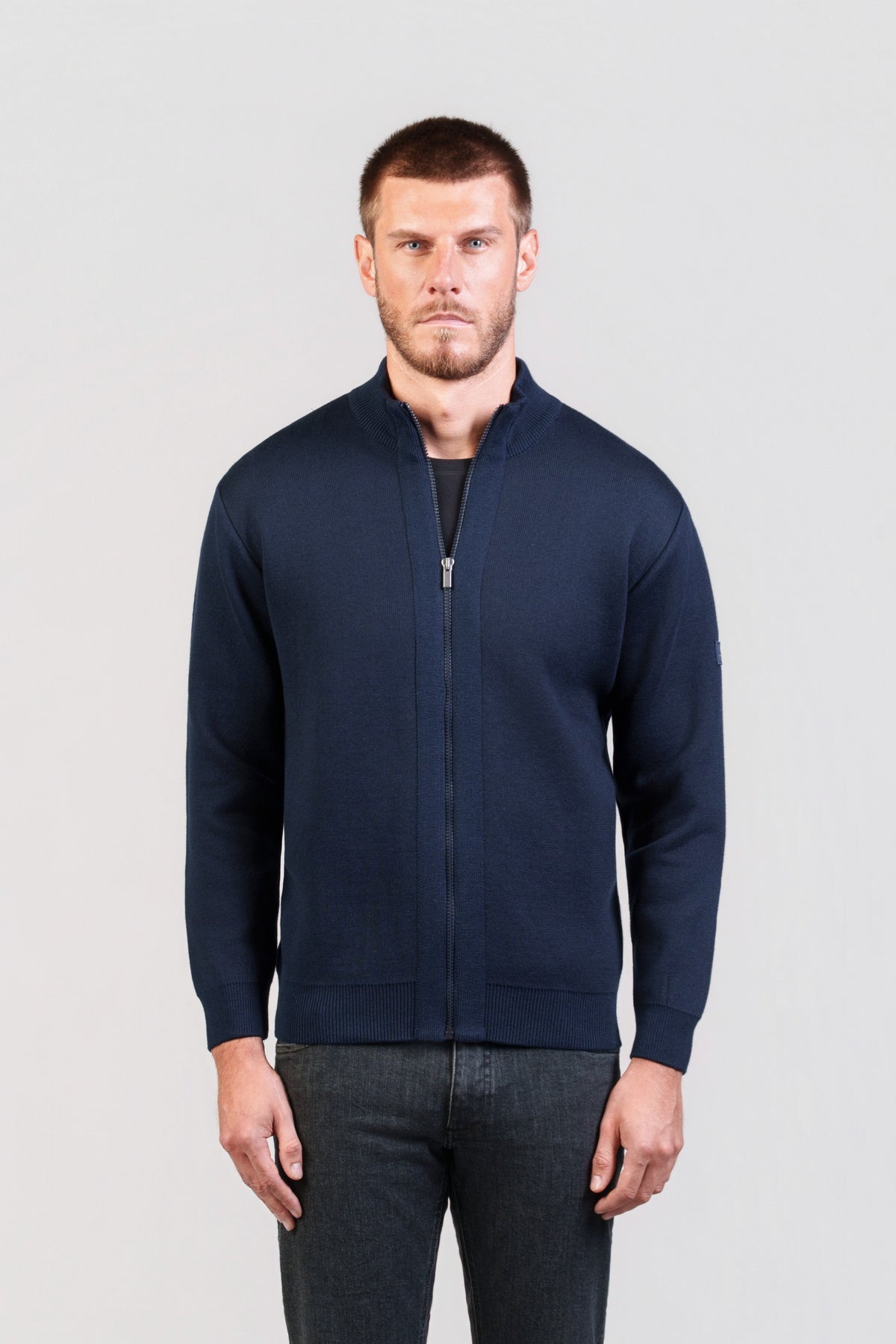 Navy Fine-Knit Zip Jacket